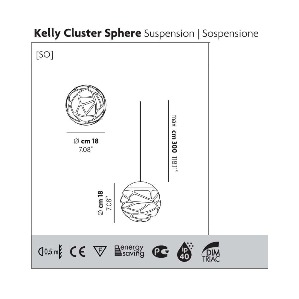 Lodes Kelly Cluster Sphere LED Pendellampe Maßzeichnung mit Durchmesser 18 cm und maximaler Höhe 300 cm.