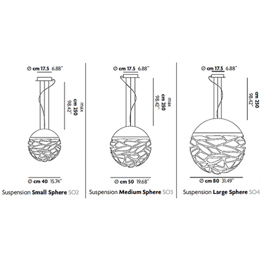 Lodes Kelly Sphere Hängeleuchte: Größenvergleich von Small, Medium und Large Spheres mit Maßangaben.