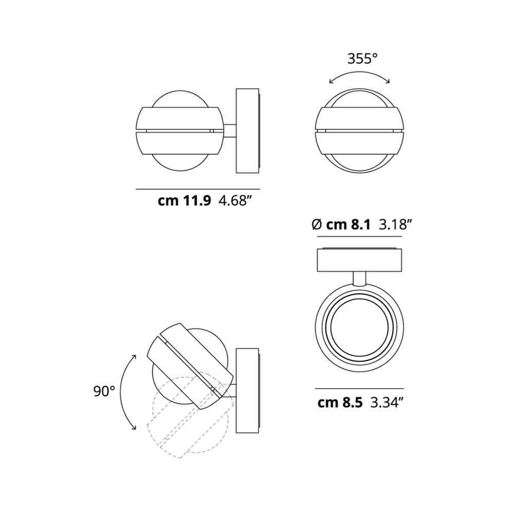 Technische Zeichnung der Lodes Nautilus Mini LED Wandleuchte mit abnehmbaren Maßen und Rotationsgrad.