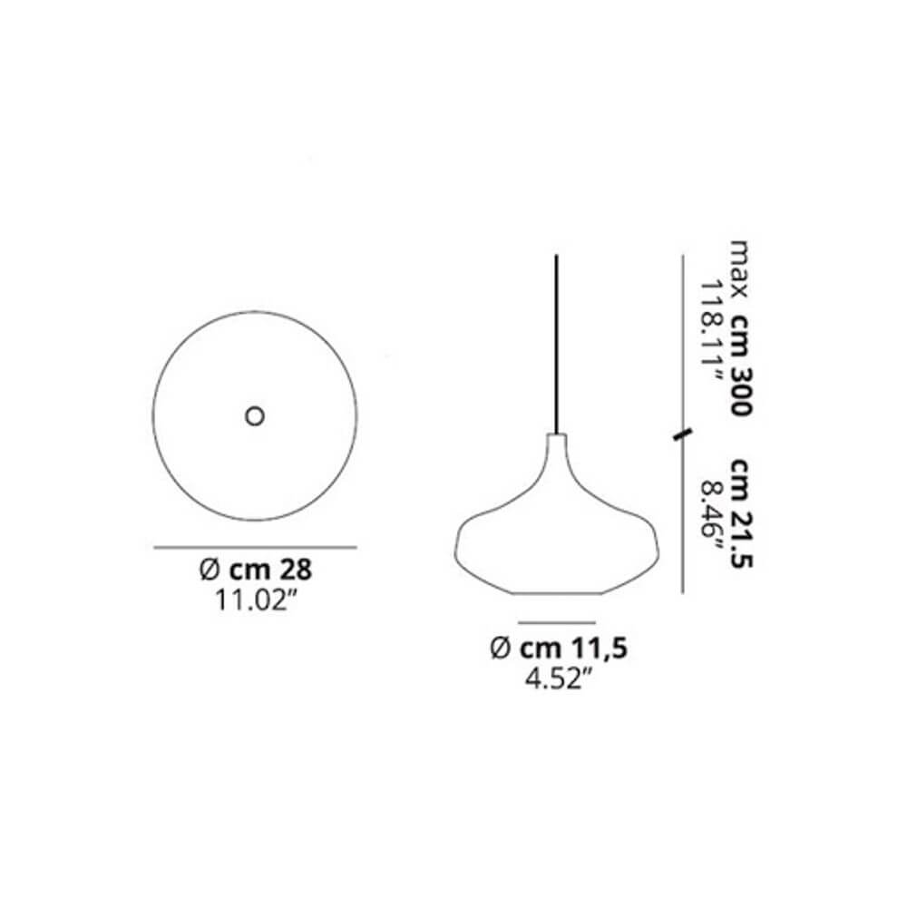 Lodes Nostalgia Glass Large 28cm LED Pendelleuchte Maßzeichnung mit Abmessungen des Lampenschirms.
