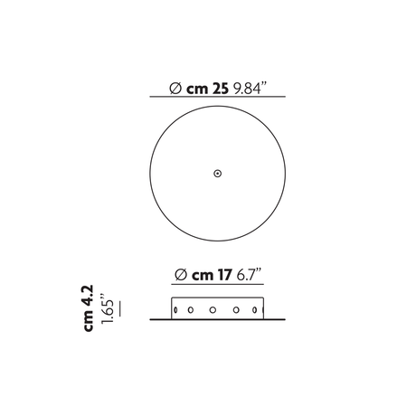 Lodes Zubehör Radial Baldachin technische Zeichnung mit Maßen von 25 cm und 17 cm Durchmesser.