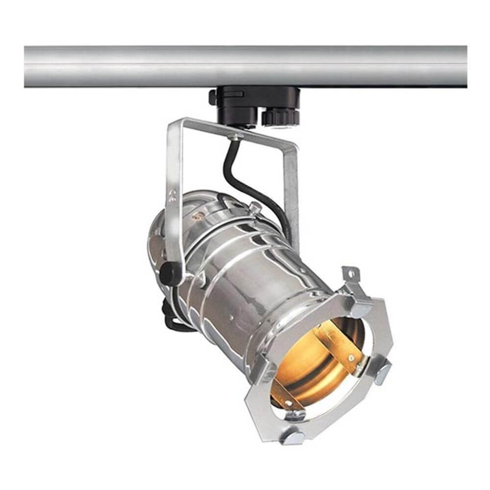 Studio Strahler in Chrom/Silber für 3-Phasen Schienensystem, dreh- und schwenkbar, ideal für Beleuchtung.