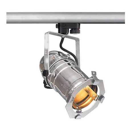 Studio Strahler in Chrom/Silber für 3-Phasen Schienensystem, dreh- und schwenkbar, ideal für Beleuchtung.