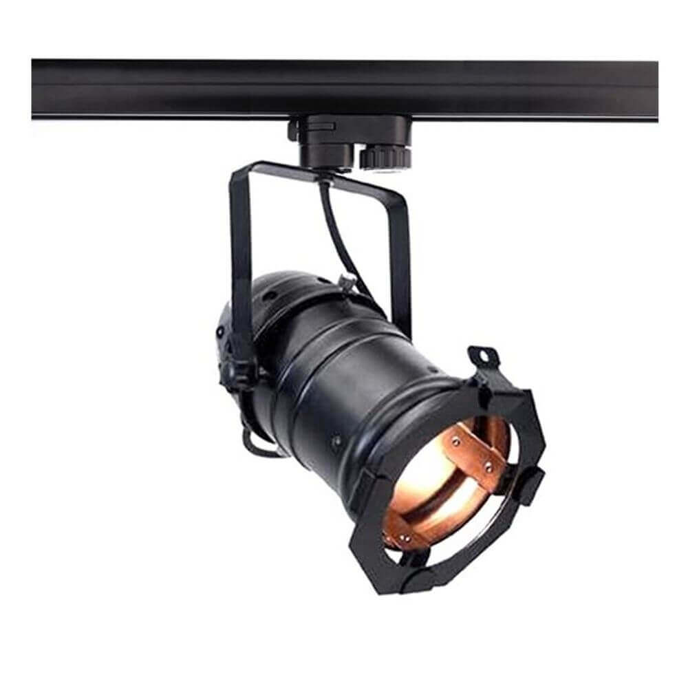 Schwarzer Studiostrahler "Studio Fair" für 3-Phasen Schienensystem, dreh- und schwenkbar, mit E27-Fassung.