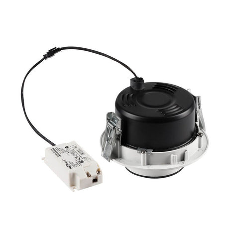 Supros 78 DL Deckeneinbauleuchte rund Weiß 3000K 60° Linse mit Reflektor und Anschlussstück.