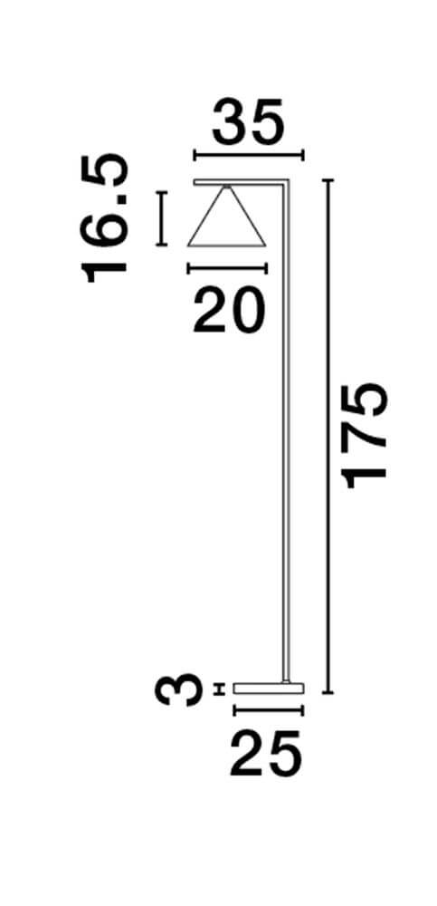 Maßskizze der Sway Stehlampe Gold, Weiß mit Abmessungen 175 cm hoch, 35 cm breit, 20 cm Lampenschirm.