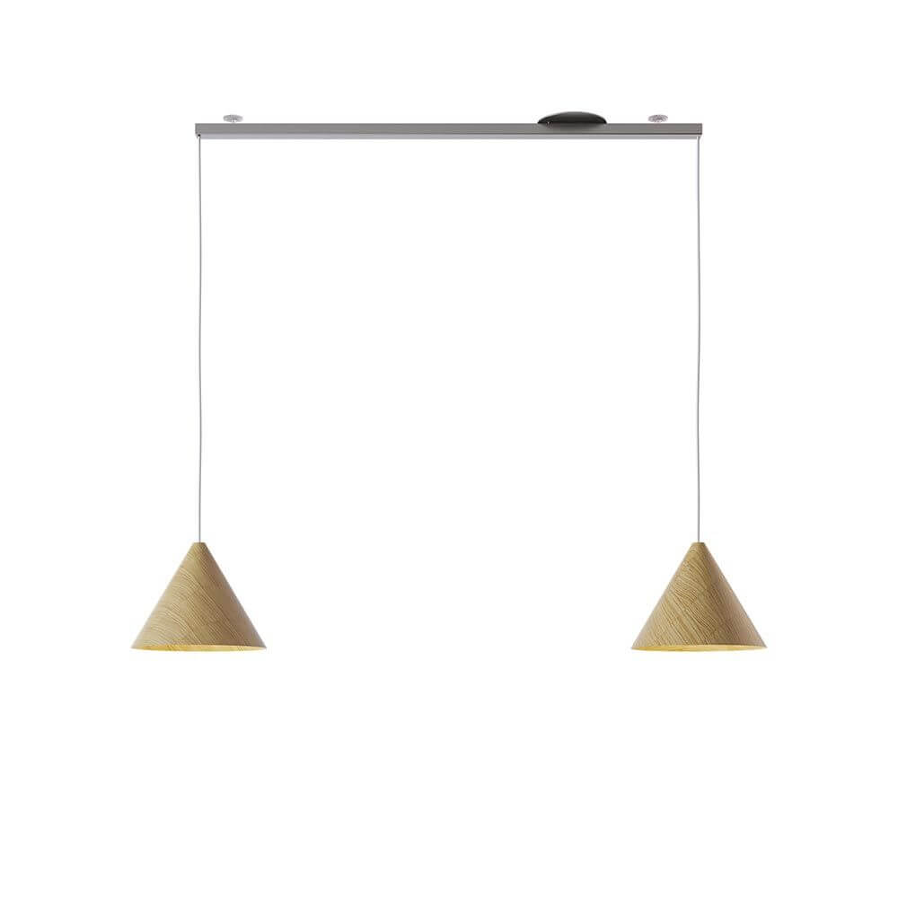 Swing 2 Aufhängesystem 110cm Twin für zwei Hängeleuchten mit zwei modernen, konischen Lampenschirmen.