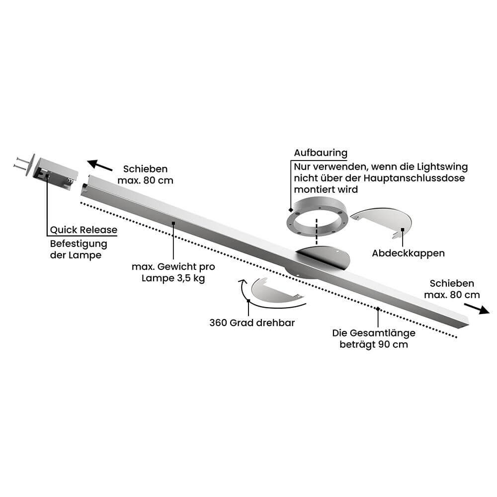 Swing 1 Aufhängesystem 90cm Single für eine Hängelampe mit detaillierten Montageanweisungen.