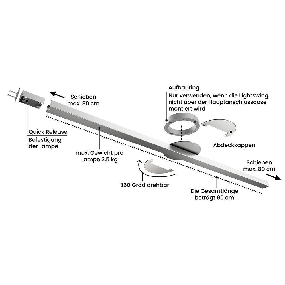 Swing 1 Aufhängesystem 90cm Single für eine Hängelampe mit detaillierten Montageanweisungen.