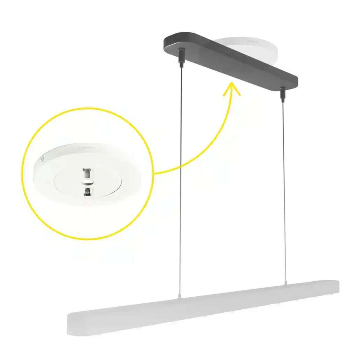 Swing Baldachin Zero für Hängeleuchten - Montageansicht mit Kabel und Deckenhalterung.