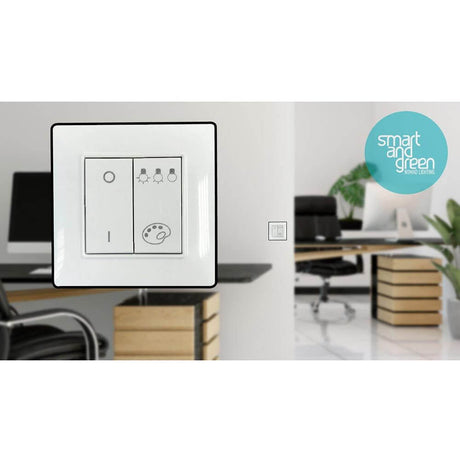 Interrupteur mural Switch PTM Mesh, dispositif de commande sans pile sur un mur moderne dans un environnement de bureau.