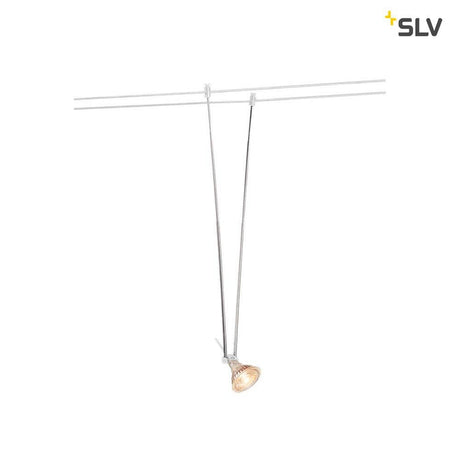 Telescopic cable light for Tenseo 12V cable system, white, mounted on a low-voltage cable system.
