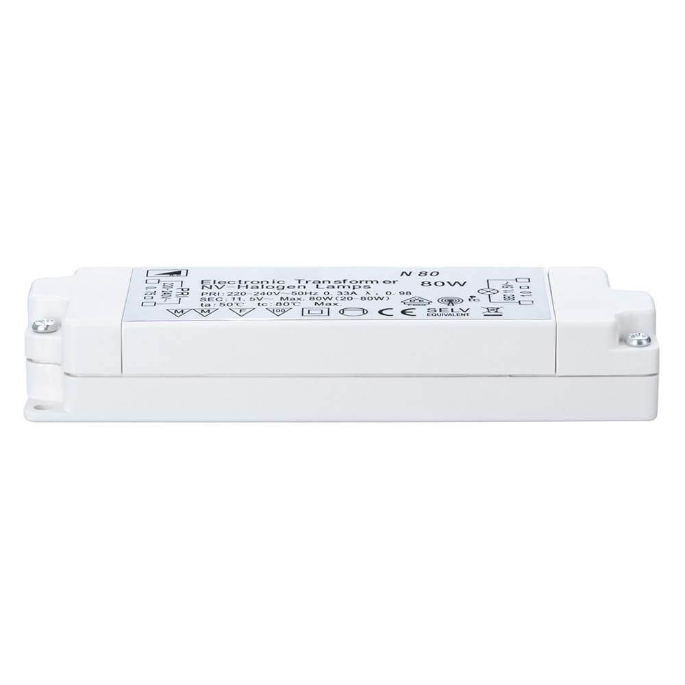 TIP VDE Elektroniktrafo 20-80W 12V 80VA Weiß mit technischem Aufdruck auf der Oberseite.