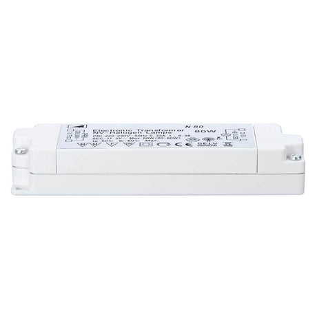 TIP VDE electronic transformer 20-80W 12V 80VA white with technical print on the top.