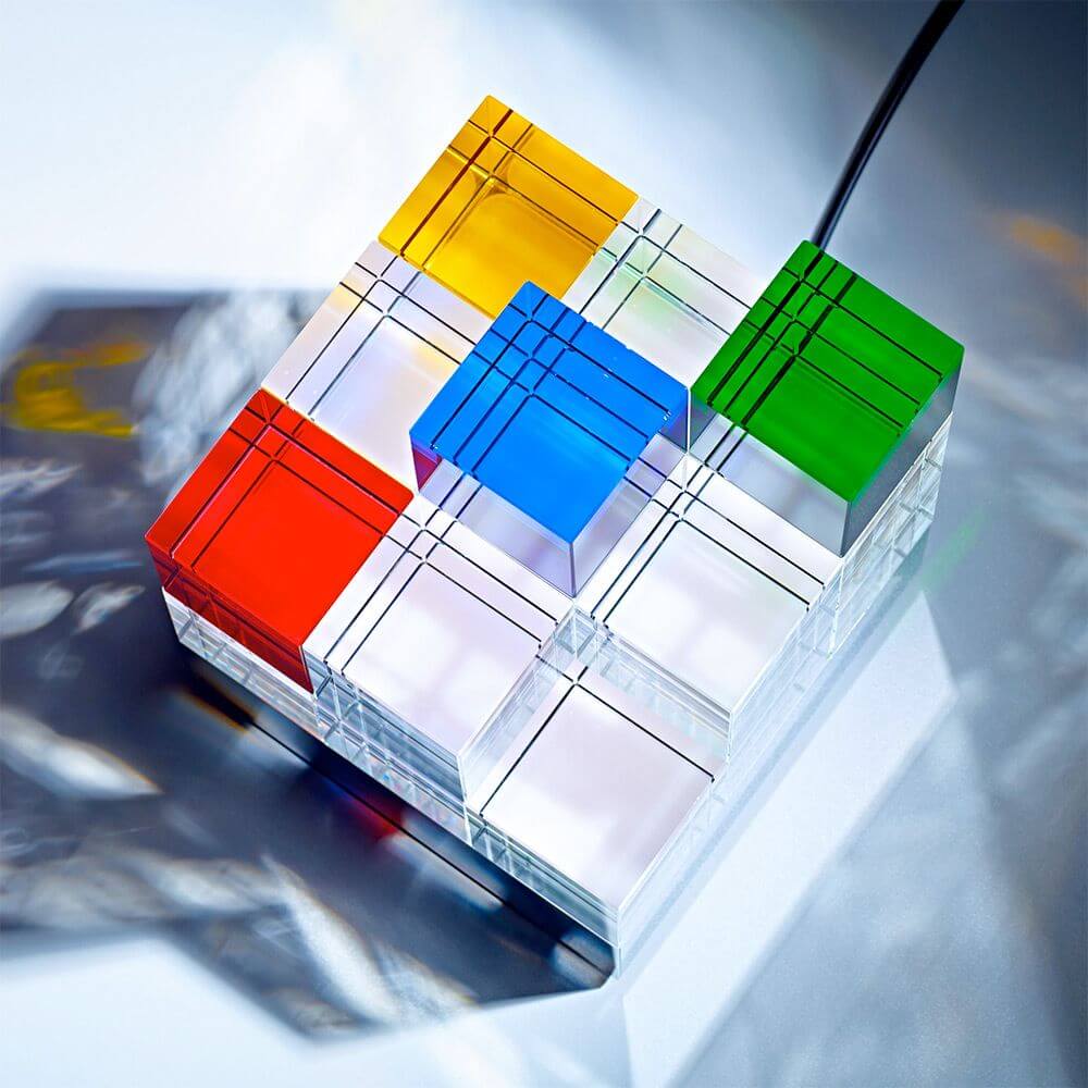 Tecnolumen Tischleuchte Cubelight Edelstahl Glas klar farbig