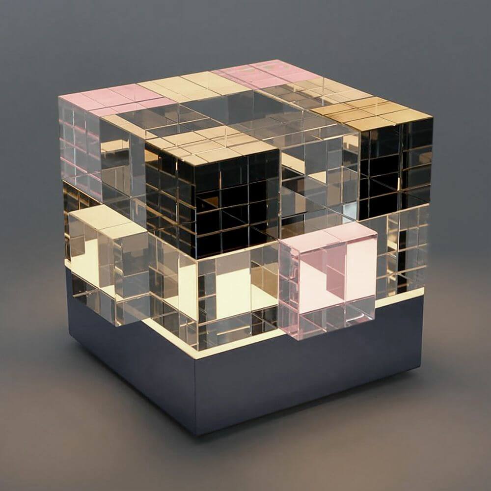 Tecnolumen Tischleuchte Cubelight Edelstahl Glas klar schwarz rosa, modernes Lichtobjekt in Würfelform.