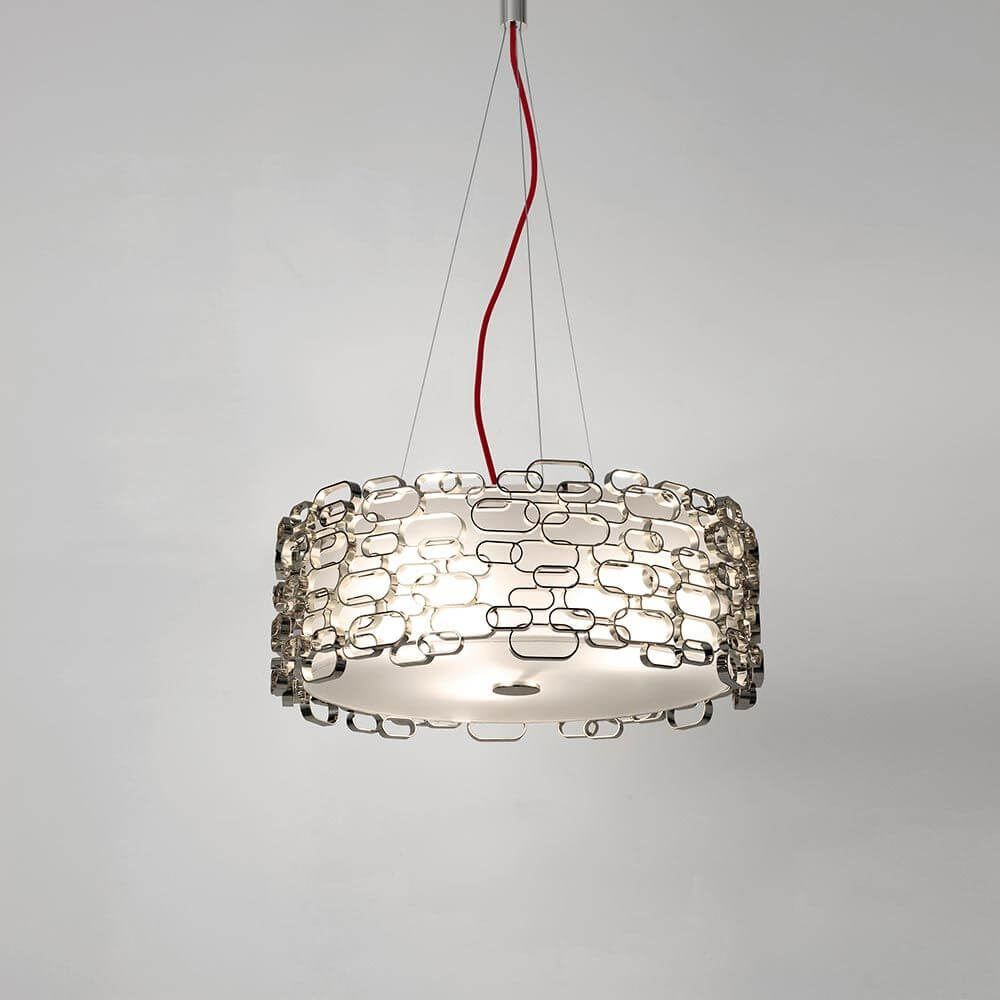 Terzani Glamour Design-Hängelampe Ø 45cm mit zufälligen Ringen, rotem Kabel und sanftem Licht.