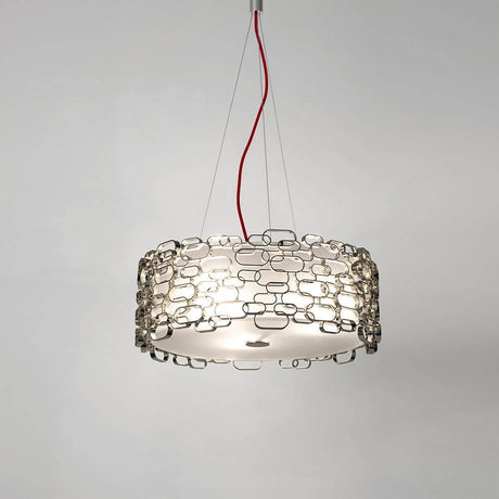 Terzani Glamour Design-Hängelampe Ø 45cm mit zufälligen Ringen, rotem Kabel und sanftem Licht.