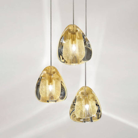 Terzani Mizu Design 3er-Hängelampe Ø 22cm in transparentem Kristall mit goldenen Akzenten.