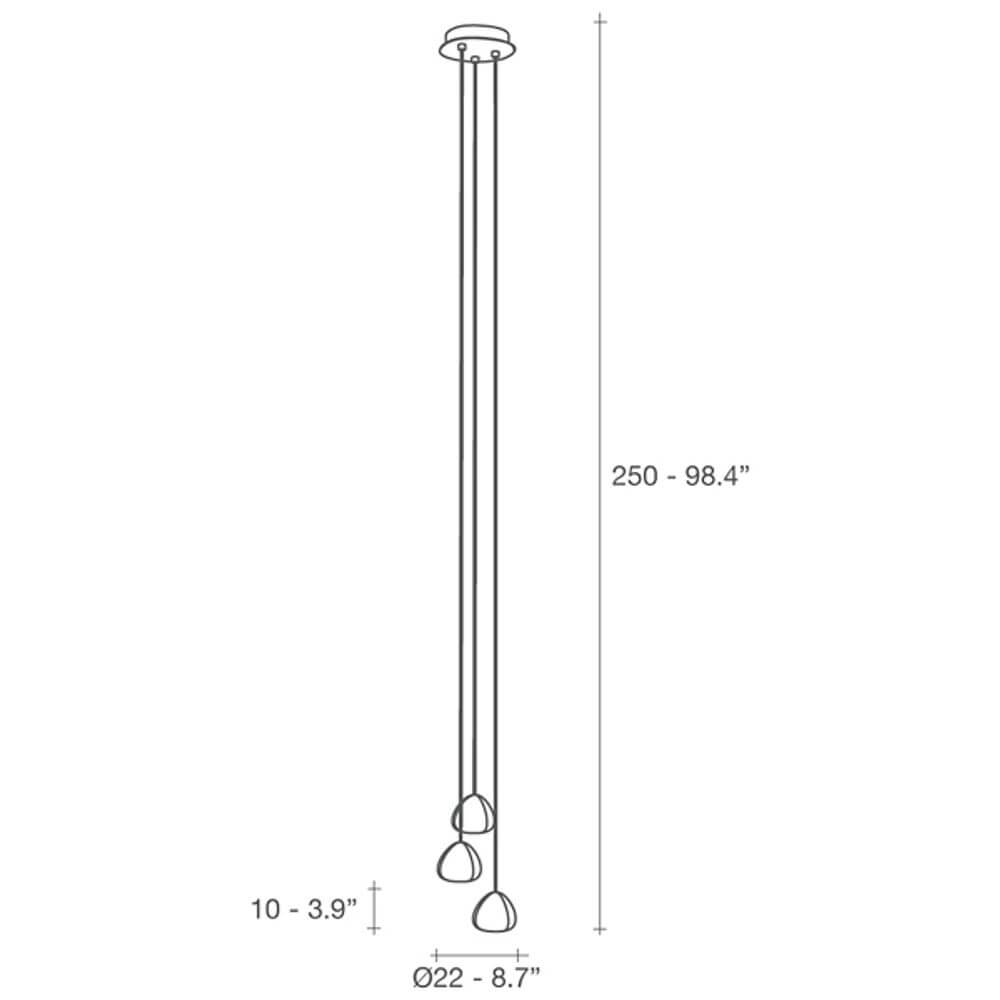 Terzani Mizu Design 3er-Hängelampe Ø 22cm Produktmaß und Aufbau, skizzierte Ansicht.