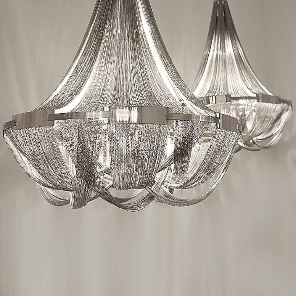 Terzani Soscik Design-Lüster Ø 95cm in modernem Design mit vernickeltem Rahmen und metallischen Ketten.