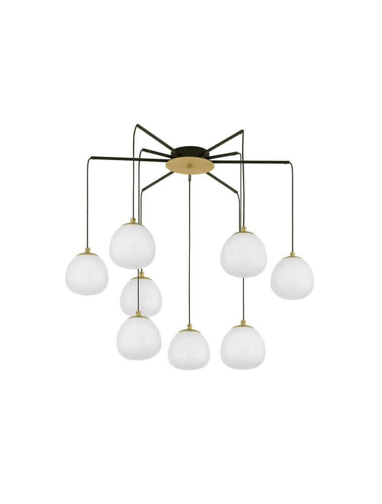 The Egg Pendelleuchte 8-flammig Ø 75cm Gold, Weiß, Schwarz in modernem Design mit opalen Leuchtkörpern.
