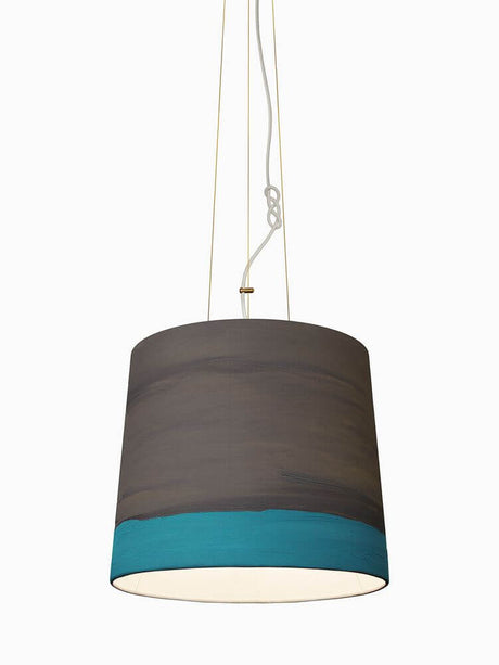 The Sisters linen pendant light Hand-painted – hand-painted linen shade with grey brushstrokes and turquoise border, hanging pendant light