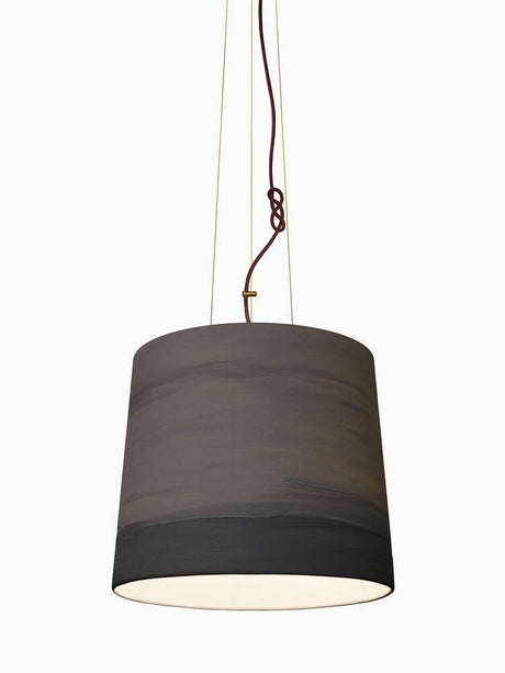 Alt Tag: The Sisters linen pendant light Hand-painted – hand-painted linen lampshade in natural grey with visible brushstrokes, hanging
