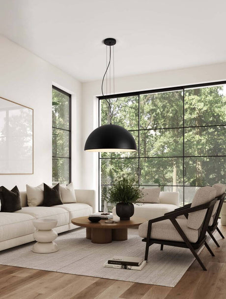 Tholos pendant light E27 3-light Black, White in a modern living room with large windows and stylish furniture.
