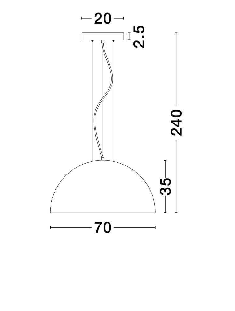 Technische Zeichnung der Tholos Pendelleuchte E27 in Schwarz und Weiß mit Abmessungen.