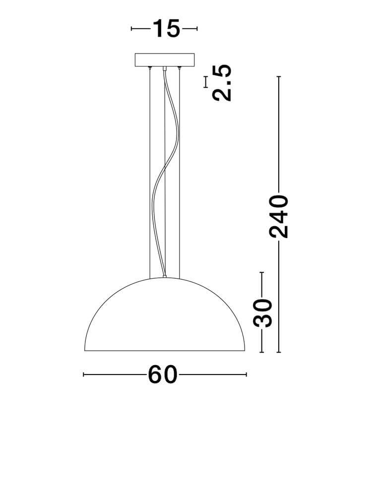Technische Zeichnung der Tholos Pendelleuchte, E27, 3-flammig, Maße: 60cm Durchmesser, 240cm Höhe, in Schwarz und Weiß