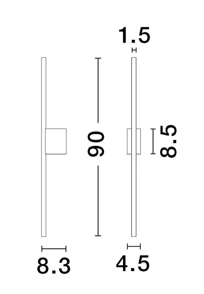 Technische Zeichnung der Tien LED Wandleuchte Mittig Ausgerichtet 3000K Schwarz IP44 mit Maßen 90 cm x 6 cm x 8,3 cm.