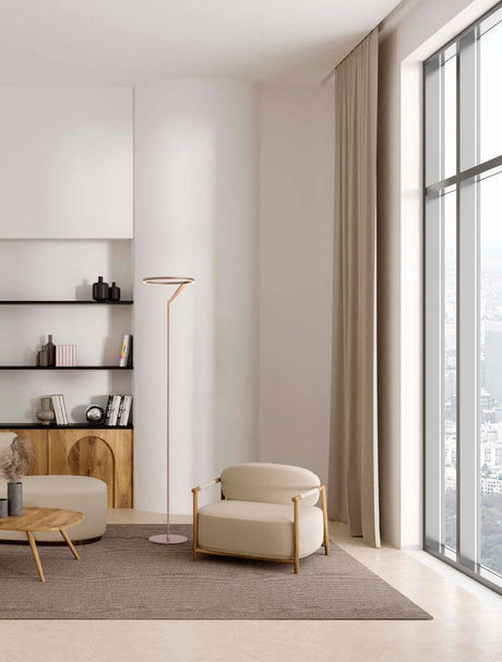 Modern living area with Tilia LED floor lamp H 168cm 3000K, timeless elegance and minimalism, cozy seating area.