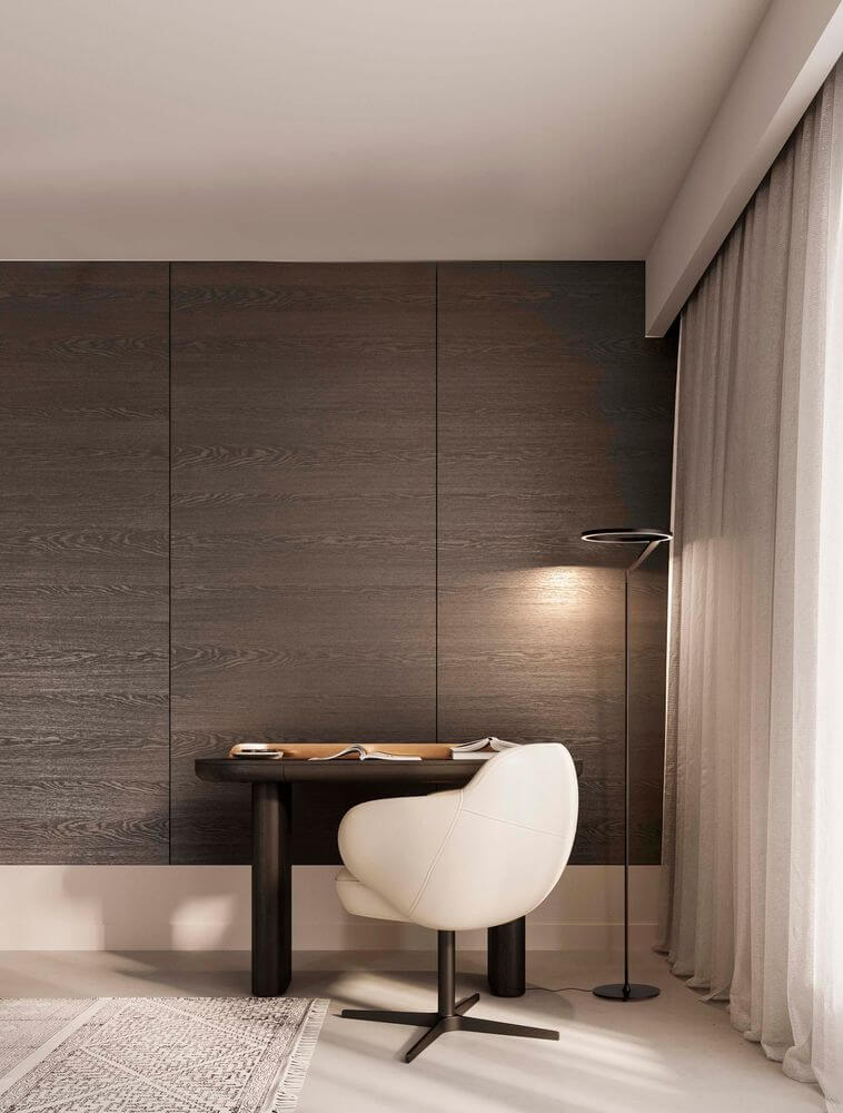 Tilia LED Stehlampe H 168cm 3000K in modernem Arbeitszimmer mit Schreibtisch und Stuhl-Design.