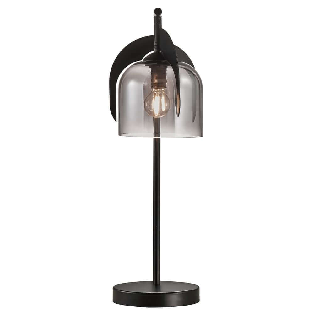 Tischlampe Boshi mit moderner Glaskuppel und elegantem schwarzem Design auf einem stabilen Sockel.