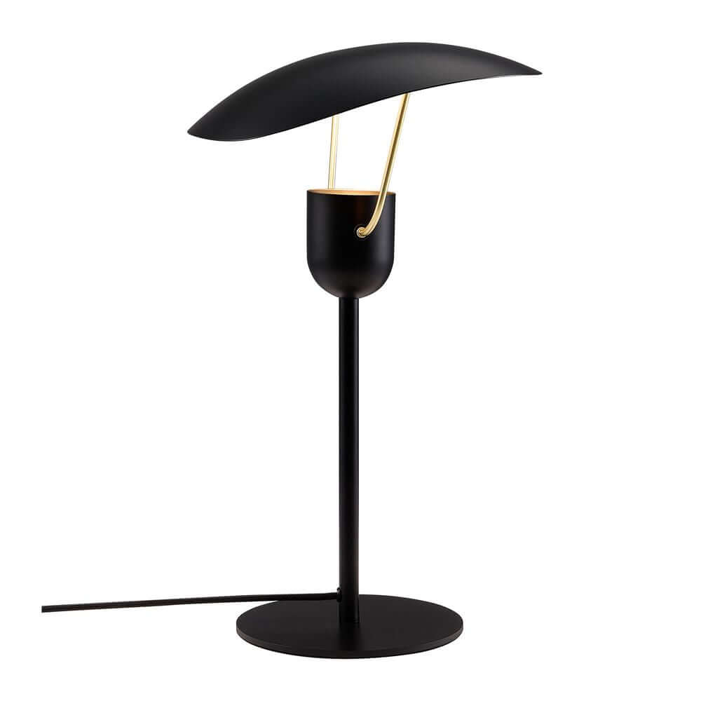 Tischlampe Fabiola in elegantem Design mit schwarzem Lampenschirm und goldenen Details, für stilvolle Beleuchtung.