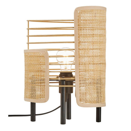 Tischlampe Jaffna mit natürlichem Rattanschirm und sichtbarer Glühbirne im modernen Design