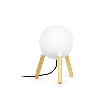 Lampe de table MINE sans diffuseur blanche, lampe de table moderne avec corps lumineux rond et pieds en bois.