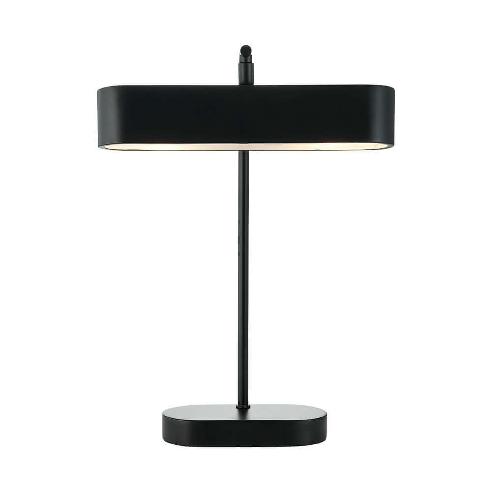 Tischlampe Merlin im modernen Design mit schwarzem Lampenschirm und schmalem Gestell.