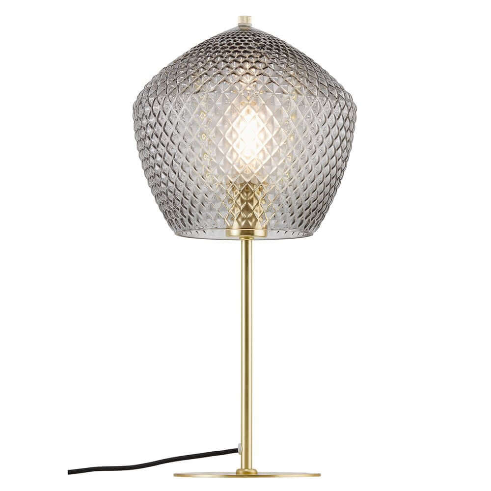 Tischlampe Orbiform mit gebürstetem Messing und pentagonförmiger Glaskuppel im schönen Diamantenmuster.