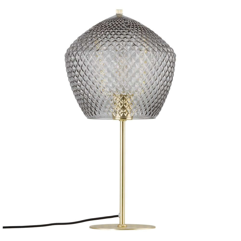 Tischlampe Orbiform mit gebürstetem Messing und Glaskuppel im Diamantenmuster für exklusive Beleuchtung.