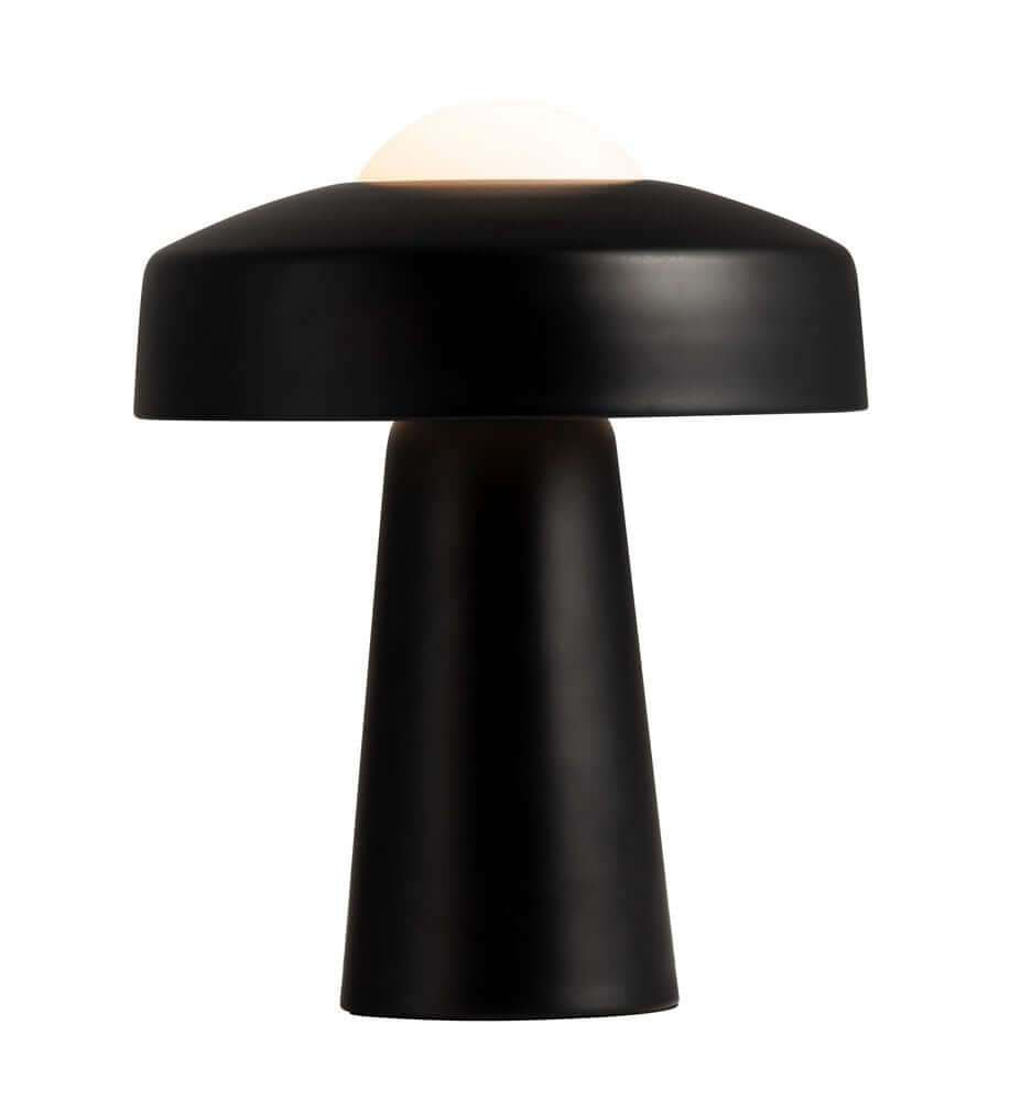 Stilvolle Tischlampe Time mit mattem Metall und Glas, inspiriert von Waldboden-Pilzen.
