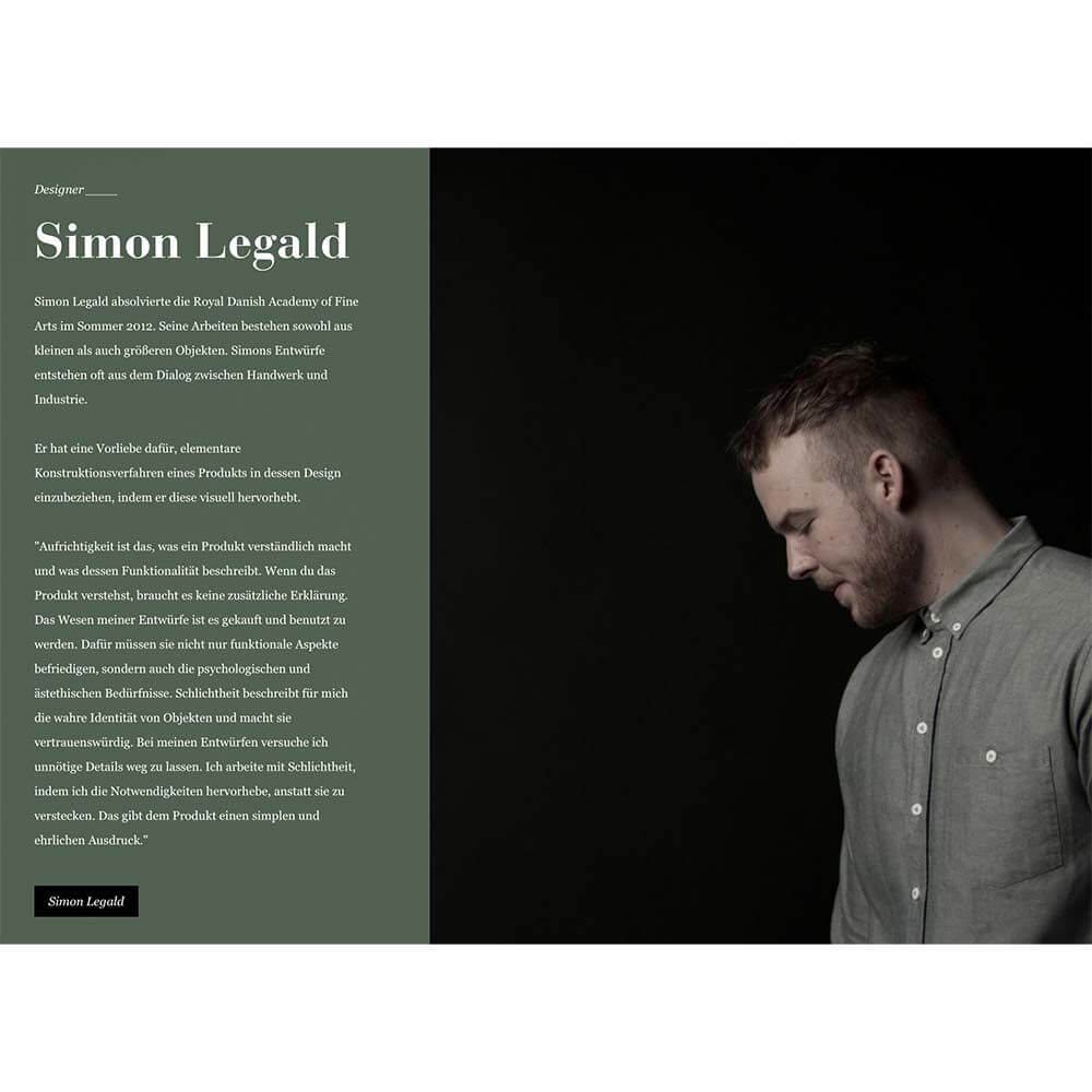 Simon Legald, Designer, Abgebildet nebeneinander mit einer Erklärung zu seinem Designansatz und Produkten.