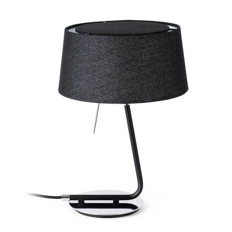 Tischleuchte HOTEL Chrom, Schwarz auf einem stilvollen Tisch mit modernem Design.