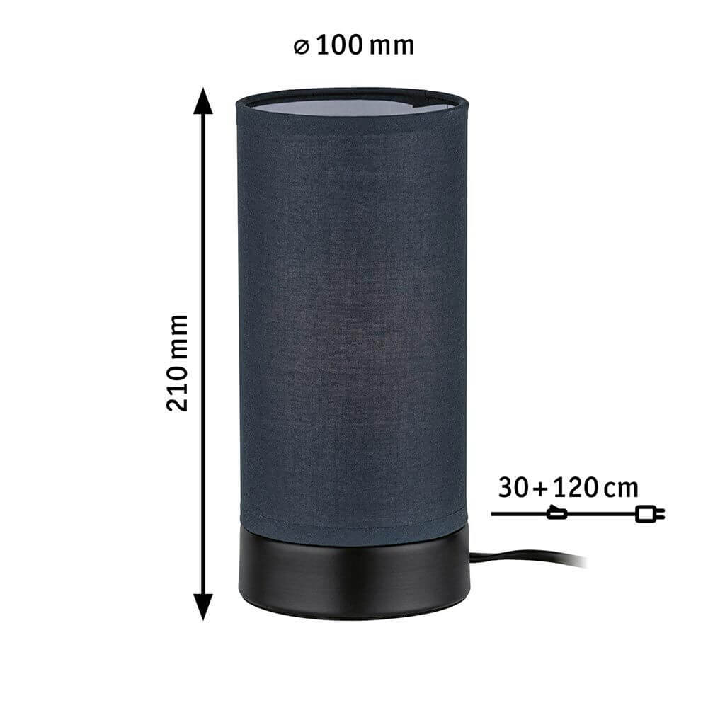 Tischleuchte Pia Stoff Schwarz-Matt mit schwarzem Sockel und grauem Stoffschirm, Höhe 210 mm, Durchmesser 100 mm.
