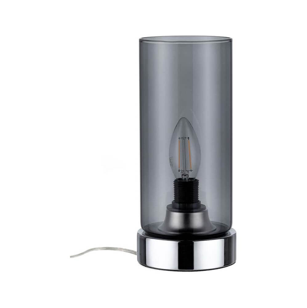 Tischleuchte Pinja mit Touch-Schalter Chrom, Rauchglas auf einem Tisch, elegant und modern.