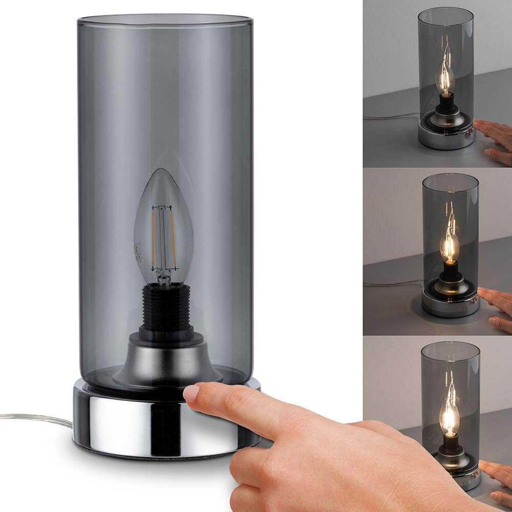 Tischleuchte Pinja mit Touch-Schalter Chrom, Rauchglas - modernes Design mit Touch-Funktion und Rauchglasschirm.