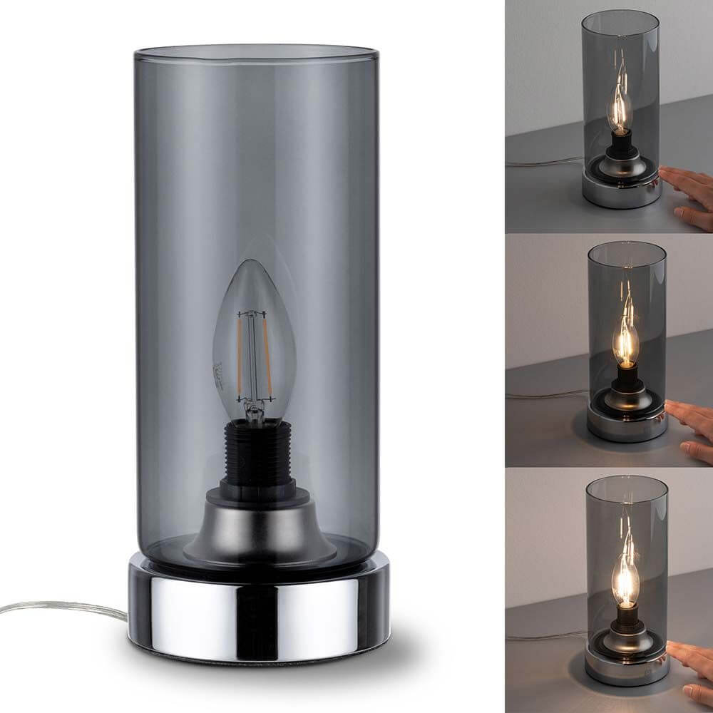 Tischleuchte Pinja mit Touch-Schalter Chrom, Rauchglas in Schwarz und Chrom