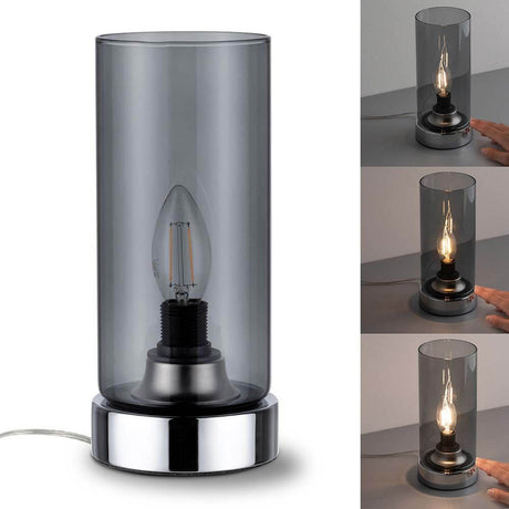 Tischleuchte Pinja mit Touch-Schalter Chrom, Rauchglas in Schwarz und Chrom