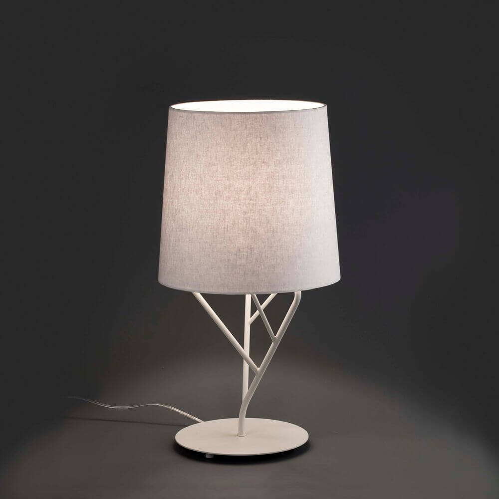 Tischleuchte TREE Weiß mit modernem Design, grauem Lampenschirm und kreativer Basis.